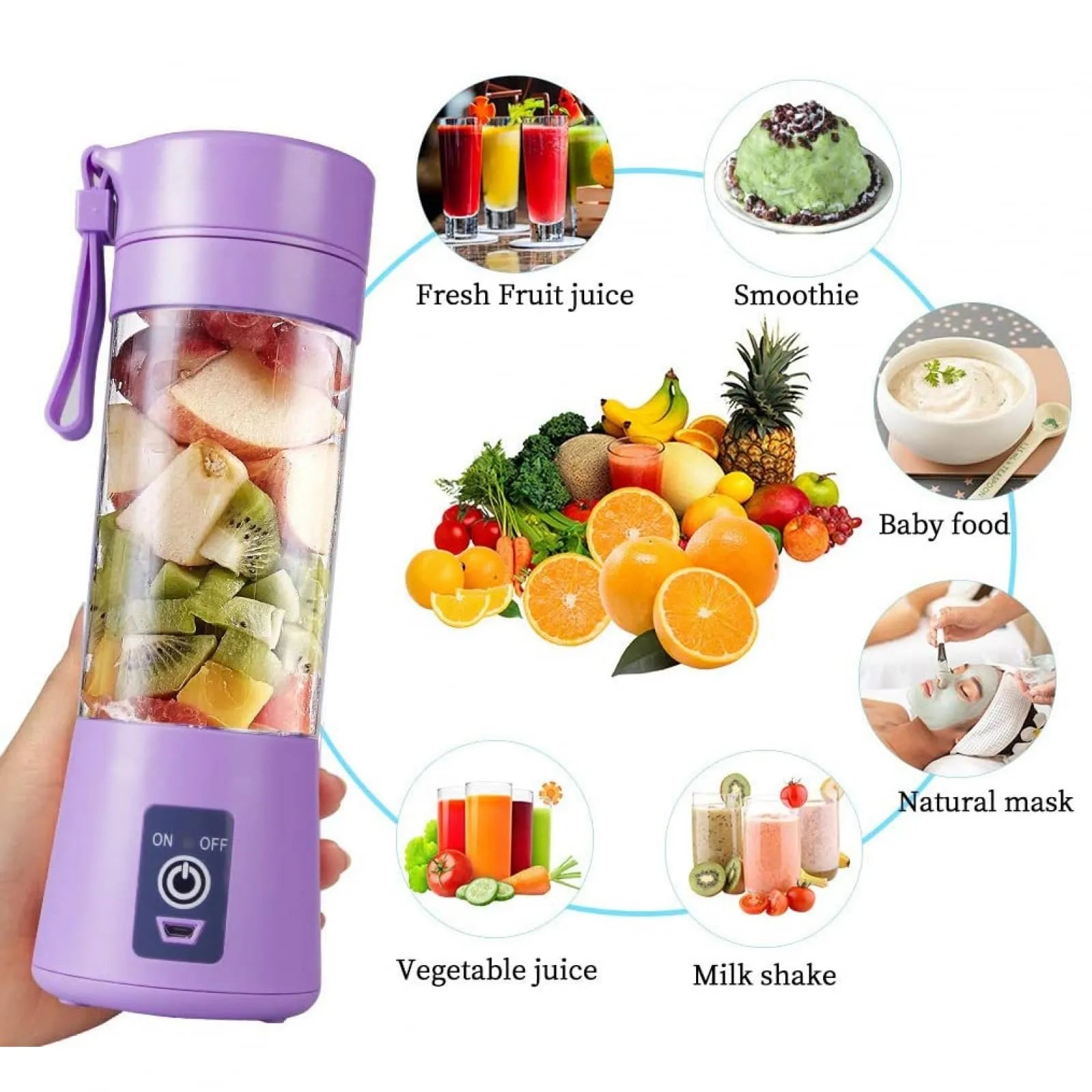 USB Rechargeable Juicer Blender 6-Blade Portable Personal Blender 380ml Food Grade Bottle, Mini Electric Mixer for Fruits & Smoothies, Double-Click Start by Bee To Door