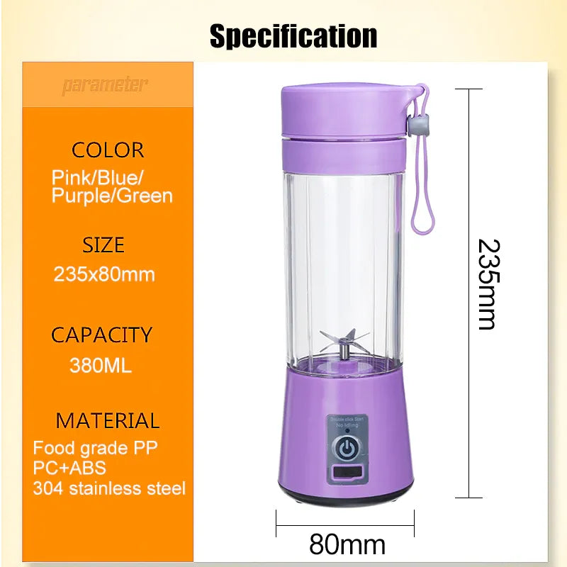 USB Rechargeable Juicer Blender 6-Blade Portable Personal Blender 380ml Food Grade Bottle, Mini Electric Mixer for Fruits & Smoothies, Double-Click Start by Bee To Door